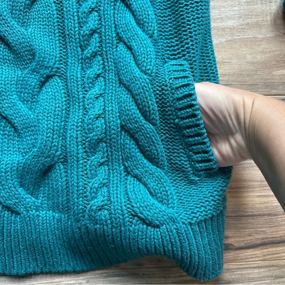 LL Bean Double L Mixed-Cable Sweater Funnelneck Women’s Sz Medium TEAL Chunky - Picture 6 of 8